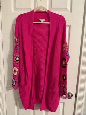 Blakeley Hot Pink Open Crochet-Sleeve Cardigan